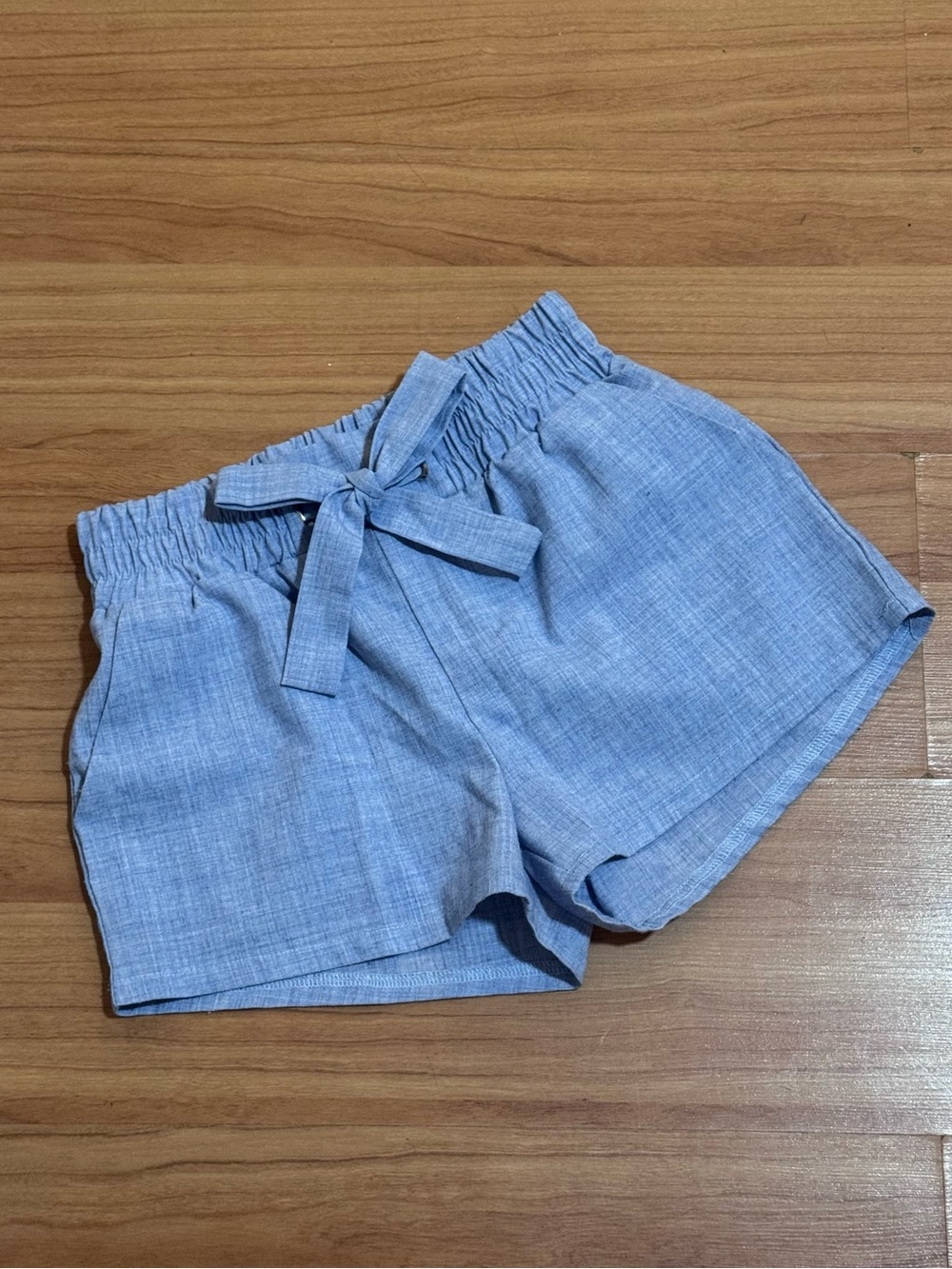 Light Blue Elastic Waist Chambray Linen Look Shorts Size S